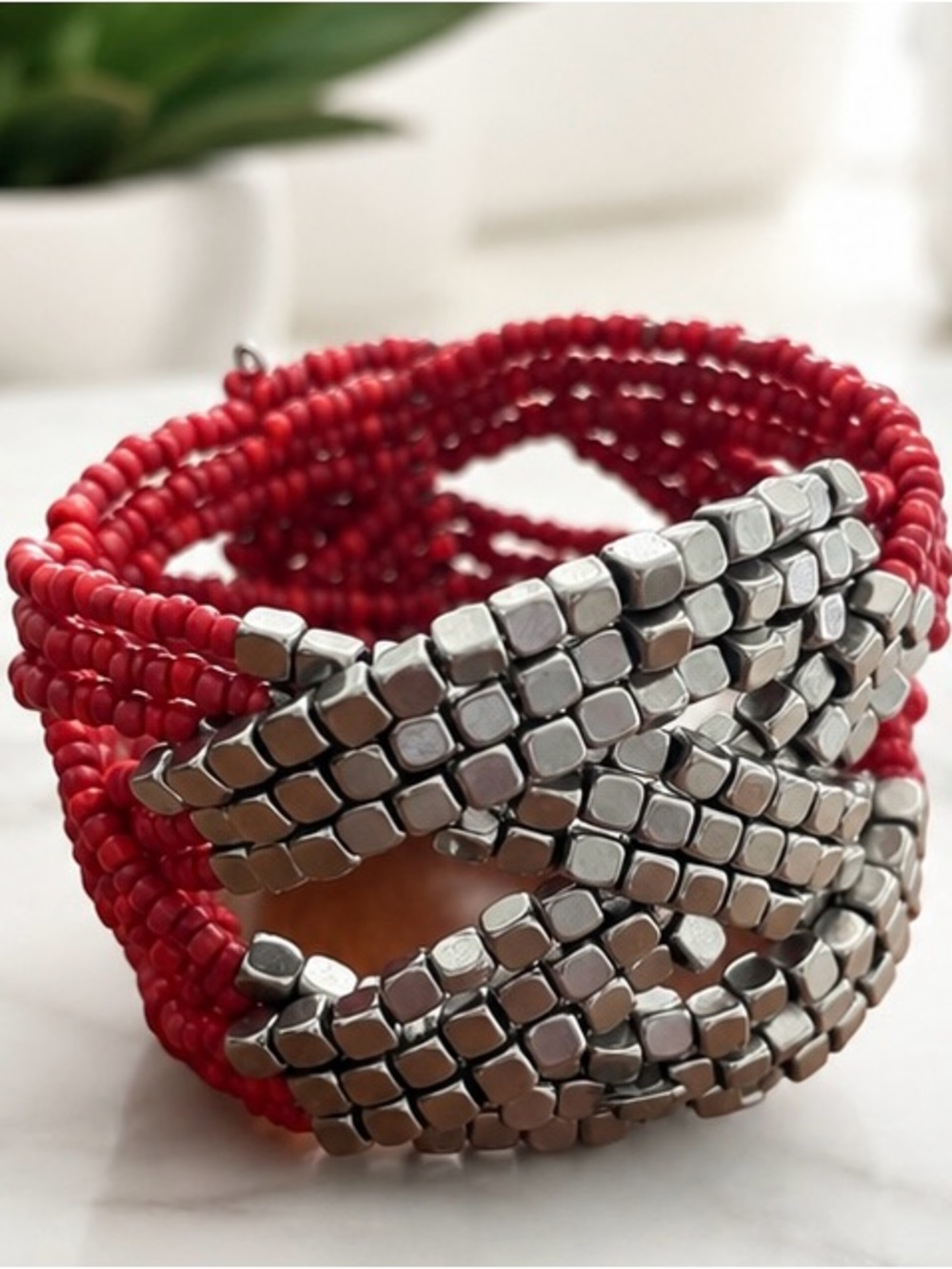 Ink + Alloy Red Beaded Cuff/Wrap Bracelet
